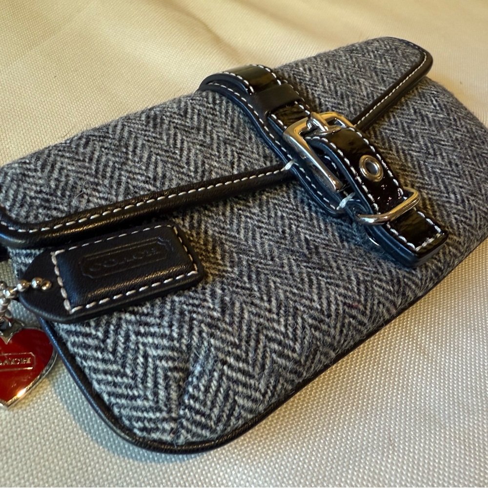 Coach Gray Herringbone Tweed Clutch with Black Patent Trim